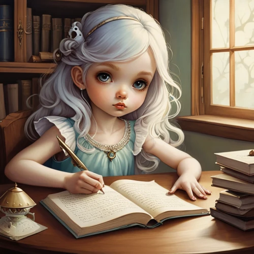 little girl reading,girl studying,child with a book,writing-book,author,fairy tale character,child's diary,bookworm,sci fiction illustration,mystical portrait of a girl,alice,writer,fantasy art,book illustration,eglantine,fantasy portrait,scholar,to write,tutor,fantasy picture,Illustration,Abstract Fantasy,Abstract Fantasy 11