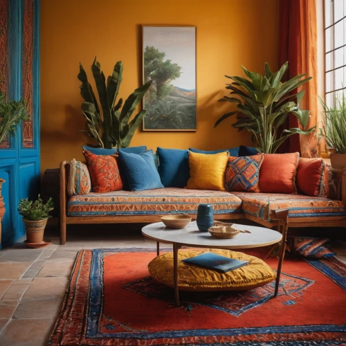 moroccan pattern,majorelle blue,marrakech,interior decor,sitting room,marrakesh,chaise lounge,contemporary decor,house plants,sofa set,spanish tile,mid century modern,living room,decor,the living room of a photographer,modern decor,vibrant color,interior decoration,morocco,apartment lounge,Photography,General,Natural