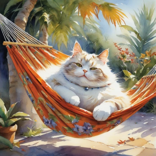 hammock,cat resting,sunlounger,hammocks,deckchair,aegean cat,idyllic,leisure,lounger,cat european,sun-bathing,cat greece,relaxing,summer day,cat-ketch,lazing around,white cat,relaxation,hanging chair,calico cat,Conceptual Art,Oil color,Oil Color 03