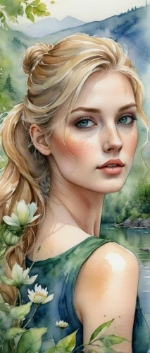 the blonde in the river,girl on the river,world digital painting,landscape background,watercolor women accessory,natural cosmetics,watercolor background,fantasy art,art painting,faery,photo painting,jessamine,faerie,amazonian oils,water lilies,portrait background,natural cosmetic,glass painting,fantasy portrait,natura,Illustration,Realistic Fantasy,Realistic Fantasy 30