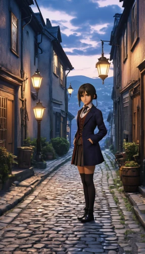 town crier,grindelwald,the cobbled streets,shaftesbury,violet evergarden,girl in a historic way,cobblestone,deadwood,pilgrim,digital compositing,lamplighter,cobblestones,mayflower,magical adventure,mary poppins,the small country,hamelin,disney character,york,medieval street,Photography,General,Realistic