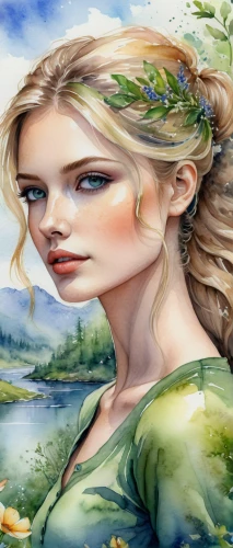 faery,faerie,the blonde in the river,jessamine,fairy tale character,fantasy art,landscape background,watercolor women accessory,girl on the river,children's fairy tale,natural cosmetics,fae,dryad,fantasy picture,mystical portrait of a girl,world digital painting,mother nature,fantasy portrait,background view nature,springtime background,Illustration,Realistic Fantasy,Realistic Fantasy 30