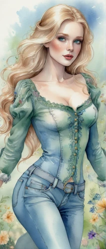 bodice,fairy tale character,rose flower illustration,celtic woman,fashion illustration,rosa ' amber cover,fantasy art,victorian lady,fantasy woman,jessamine,eglantine,fantasy portrait,corset,southern belle,rosa 'the fairy,wild rose,watercolor women accessory,jeans background,wild roses,yellow rose background