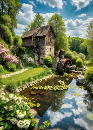 water mill,water wheel,home landscape,country cottage,summer cottage,hobbiton,idyllic,old mill,country house,cottage garden,idyll,house with lake,meadow landscape,dutch mill,beautiful home,landscape background,cottage,farm landscape,beautiful landscape,rural landscape,Photography,General,Natural