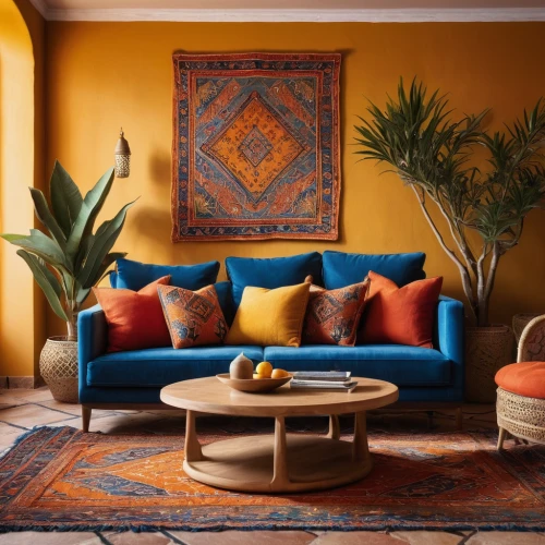 moroccan pattern,majorelle blue,mid century modern,interior decor,chaise lounge,sitting room,vibrant color,the living room of a photographer,contemporary decor,decor,modern decor,saturated colors,color combinations,teal and orange,living room,marrakesh,sofa set,marrakech,interior design,boho art,Photography,General,Natural