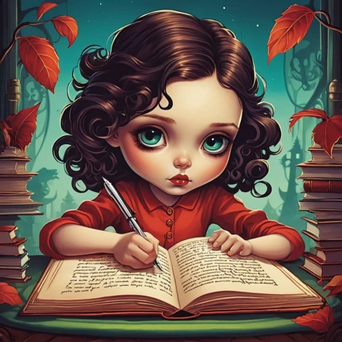 little girl reading,child with a book,girl studying,writing-book,little red riding hood,author,bookworm,sci fiction illustration,child's diary,kids illustration,tutor,book illustration,learn to write,fairy tale character,writer,girl drawing,illustrator,children's fairy tale,to write,red riding hood,Illustration,Abstract Fantasy,Abstract Fantasy 10