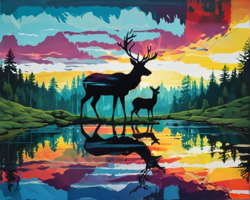 deer illustration,buffalo plaid deer,elk,deers,glowing antlers,buffalo plaid antlers,deer silhouette,forest animals,deer,fawns,animal silhouettes,stag,pere davids deer,deer in tears,red deer,caribou,moose,bull moose,young-deer,deer drawing,Conceptual Art,Oil color,Oil Color 02