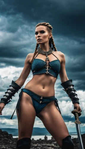 female warrior,warrior woman,barbarian,swordswoman,hard woman,fantasy warrior,warrior pose,wind warrior,celtic queen,harnessed,ronda,huntress,strong woman,gladiator,samurai fighter,barb wire,katana,warrior,fantasy woman,monsoon banner,Photography,General,Realistic