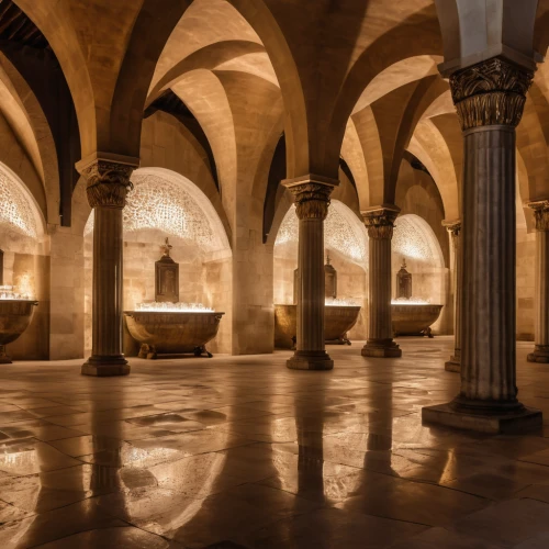 cloister,umayyad palace,crypt,arches,abbaye de belloc,alcazar of seville,cistern,roman bath,medieval architecture,vaulted ceiling,caravansary,romanesque,floor fountain,alhambra,monastery israel,catacombs,doge's palace,christopher columbus's ashes,vaulted cellar,arcades,Photography,General,Realistic