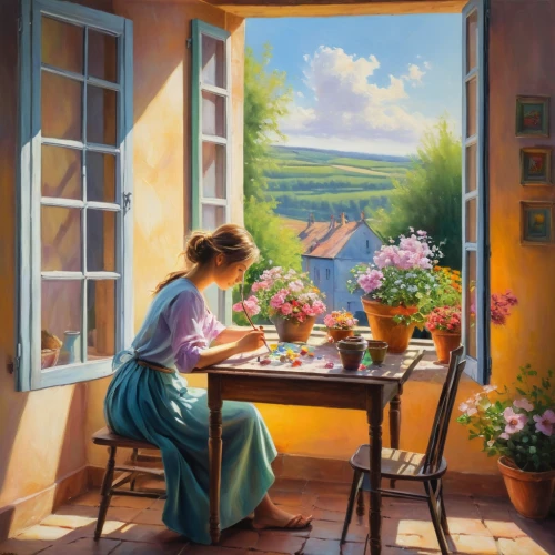 spring morning,woman at cafe,flower painting,girl in the kitchen,woman drinking coffee,girl picking flowers,idyllic,painting technique,girl studying,summer evening,italian painter,meticulous painting,tearoom,home landscape,idyll,girl at the computer,windowsill,painting,art painting,woman playing,Conceptual Art,Oil color,Oil Color 06
