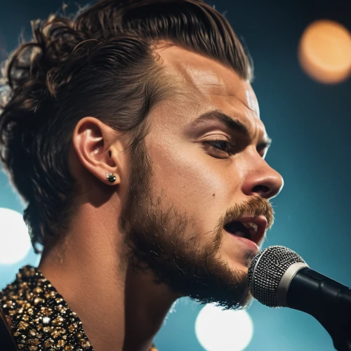 facial hair,playback,microphone,pompadour,mic,eyelashes,long eyelashes,greek god,beard,stubble,harry styles,edit icon,wireless microphone,microphone stand,earring,work of art,follicle,quiff,artus,feathered hair,Photography,General,Cinematic