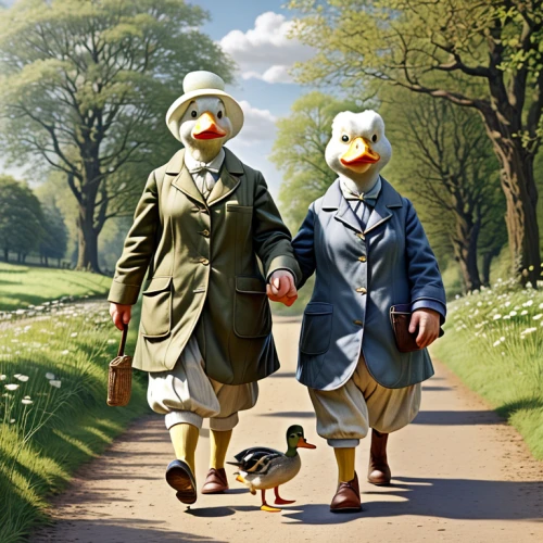 a pair of geese,ducks,wild ducks,bird couple,goslings,duck meet,duck females,old couple,geese,citroen duck,stroll,vintage art,walking dogs,duck and turtle,greylag geese,pensioners,vintage man and woman,walk,fry ducks,walk with the children