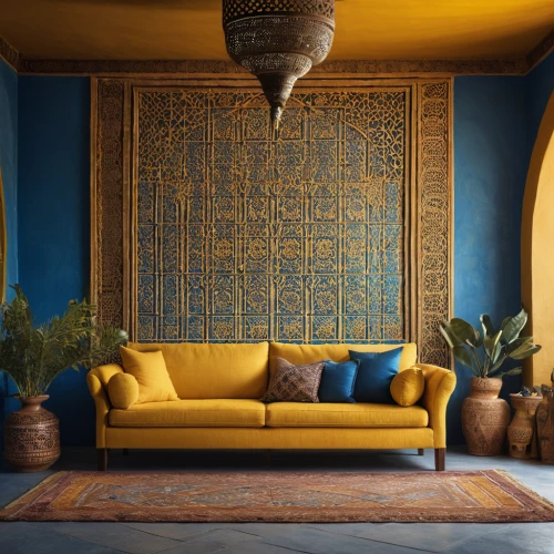 moroccan pattern,majorelle blue,marrakesh,arabic background,marrakech,yellow wallpaper,interior decor,morocco,interior decoration,decor,wall decoration,ottoman,yellow wall,patterned wood decoration,sitting room,gold stucco frame,wall decor,interior design,modern decor,riad,Photography,General,Commercial