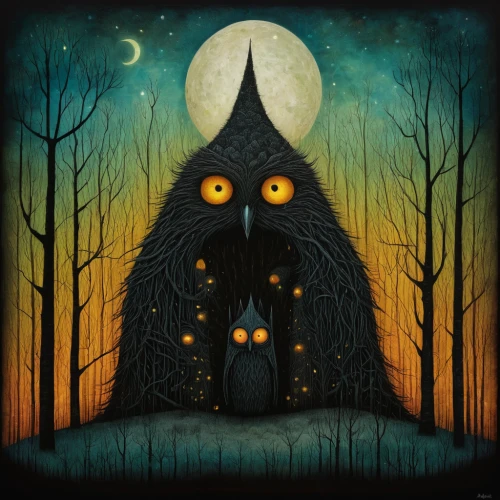 halloween illustration,halloween owls,halloween vector character,witch house,witch's house,krampus,my neighbor totoro,halloween ghosts,halloween poster,nocturnal bird,haunted forest,halloween background,the haunted house,full moon day,supernatural creature,totem,wolfman,halloween scene,howling wolf,werewolf,Illustration,Abstract Fantasy,Abstract Fantasy 19