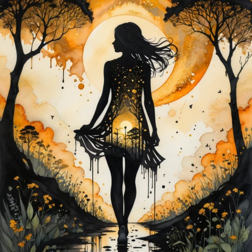 halloween illustration,fireflies,halloween silhouettes,the night of kupala,firefly,ballerina in the woods,faerie,halloween witch,the enchantress,woman silhouette,sorceress,mystical portrait of a girl,mermaid silhouette,sleepwalker,moonlit,girl with tree,queen of the night,the witch,moonlit night,silhouette art,Illustration,Black and White,Black and White 34