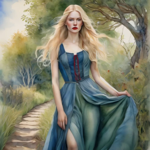 fantasy portrait,girl in a long dress,fantasy art,fantasy picture,jessamine,fairy tale character,woman walking,celtic woman,faerie,mystical portrait of a girl,fantasy woman,faery,the blonde in the river,the enchantress,girl in a long,world digital painting,romantic portrait,country dress,girl in the garden,fairy queen