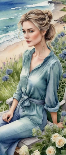 girl on the dune,blue jasmine,jessamine,beach background,by the sea,watercolor background,cape marguerite,sea breeze,jane austen,photo painting,the sea maid,girl in flowers,seaside daisy,watercolor women accessory,blue rose,watercolor blue,sea beach-marigold,romantic portrait,sea-shore,sea-lavender,Illustration,Paper based,Paper Based 15