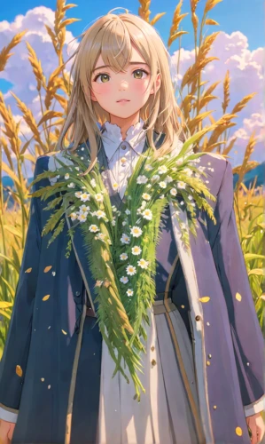 violet evergarden,lily of the field,blooming field,field of flowers,holding flowers,wheat field,flowers field,prairie,corn field,canola,field flowers,straw field,flower field,chamomile in wheat field,field of cereals,tsumugi kotobuki k-on,farm background,lilly of the valley,yellow sweet clover,dandelion field,Anime,Anime,Traditional