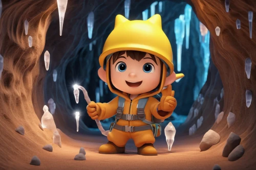 caving,miner,pinocchio,cave tour,mining,gold mining,builder,engineer,repairman,miners,mountain rescue,firefighter,children's background,tradesman,plumber,rescue workers,cinema 4d,construction worker,climbing helmet,cute cartoon character,Unique,3D,3D Character