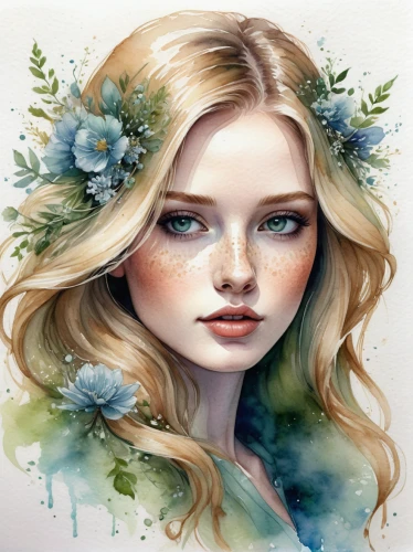 flower painting,girl in flowers,watercolor floral background,faery,watercolor wreath,fantasy portrait,watercolor women accessory,faerie,watercolor painting,watercolor paint,blooming wreath,flower fairy,flora,jessamine,boho art,watercolor background,watercolor blue,elven flower,girl in a wreath,dryad,Illustration,Realistic Fantasy,Realistic Fantasy 15