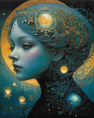 blue moon rose,andromeda,blue moon,fantasy art,celestial body,moonbeam,celestial bodies,mystical portrait of a girl,amano,heliosphere,moonflower,moon phase,venus,blue enchantress,cosmos,zodiac sign libra,horoscope libra,fantasy portrait,gold foil art,fantasia,Illustration,Realistic Fantasy,Realistic Fantasy 05