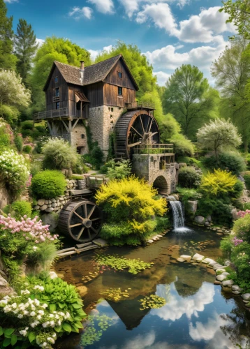 water mill,water wheel,old mill,dutch mill,hobbiton,gristmill,home landscape,fairy tale castle,wishing well,fairytale castle,fairy village,country cottage,fantasy picture,beautiful home,fairy tale,a fairy tale,cottage garden,miniature house,fairytale,potter's wheel,Photography,General,Natural