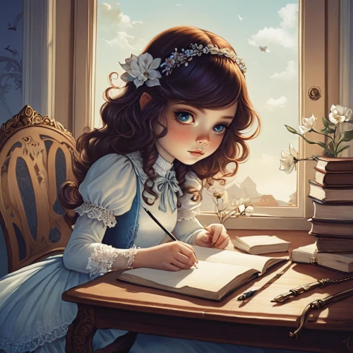 girl studying,little girl reading,writing-book,tutor,author,writer,reading,child with a book,child's diary,scholar,bookworm,love letter,to write,alice,fairy tale character,jane austen,illustrator,book illustration,learn to write,writing about,Illustration,Abstract Fantasy,Abstract Fantasy 11