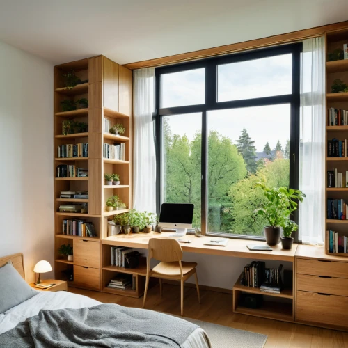 bookcase,bookshelves,wooden windows,modern room,bookshelf,book wall,room divider,shelving,danish room,bedroom window,wood window,open window,wooden shelf,reading room,window covering,one-room,window blind,shared apartment,danish furniture,modern decor,Photography,General,Natural