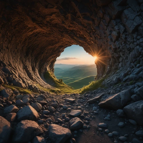 lava cave,wall tunnel,lava tube,pit cave,cave,natural arch,rock arch,mountain sunrise,sea cave,virtual landscape,hollow way,hole in the wall,the grave in the earth,archway,limestone arch,half arch,empty tomb,crevasse,round arch,eastern iceland,Photography,General,Fantasy
