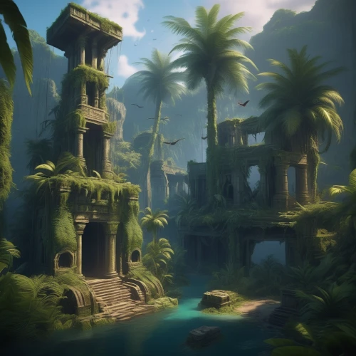 ancient city,ruins,underwater oasis,jungle,tropical jungle,floating islands,lostplace,tropical island,imperial shores,ruin,an island far away landscape,islands,bastion,lost place,ancient buildings,the ruins of the,fantasy landscape,artificial island,tropical house,island suspended,Conceptual Art,Fantasy,Fantasy 01