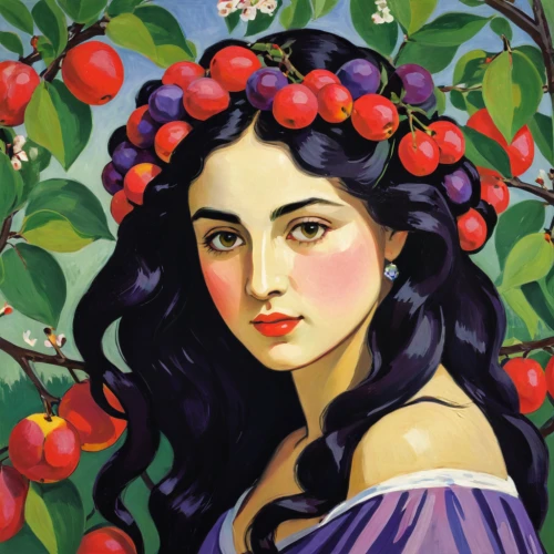 acerola,girl picking apples,cherries,rowanberries,pomegranate,apple harvest,red apples,sweet cherries,woman eating apple,girl in a wreath,heart cherries,pluot,apple tree,bunches of rowan,apple trees,red plum,jewish cherries,acerola family,apple blossoms,ripe rose hips,Art,Artistic Painting,Artistic Painting 40
