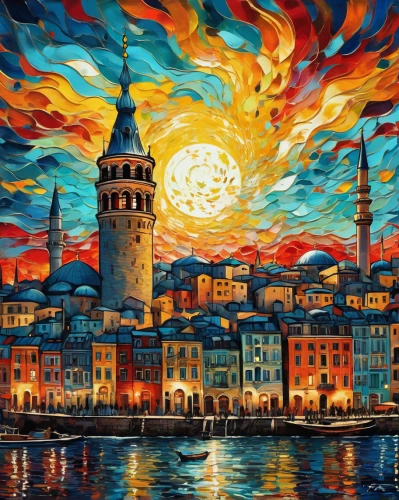 istanbul,galata,colorful city,galata tower,istanbul city,hagia sofia,grand bazaar,kadikoy,turkey,constantinople,eminonu,izmir,sultanahmet,art painting,oil painting on canvas,cityscape,ankara,topkapi,selçuk,fireworks art,Illustration,Realistic Fantasy,Realistic Fantasy 39