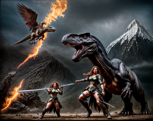 massively multiplayer online role-playing game,heroic fantasy,fantasy picture,draconic,prehistory,prehistoric art,prehistoric,fantasy art,cynorhodon,primeval times,female warrior,saurian,game illustration,dragon slayers,dragon fire,guards of the canyon,size comparison,role playing game,collectible card game,action-adventure game