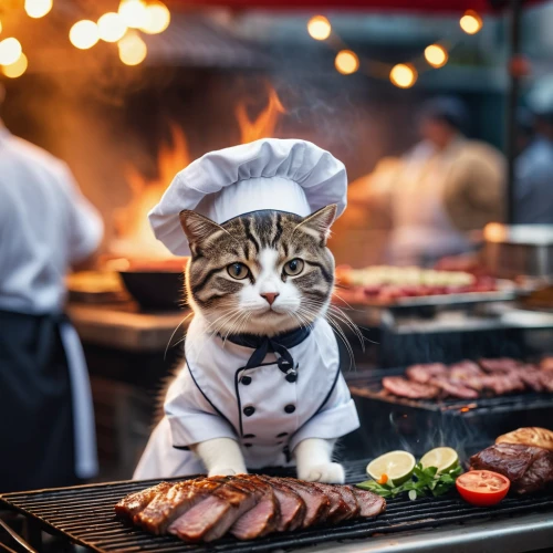 caterer,chef,oktoberfest cats,teppanyaki,chef hat,men chef,grilled food,chef's hat,chef hats,cat european,catering,barbeque grill,barbeque,chef's uniform,outdoor cooking,yakitori,cat image,barbecue,restaurants online,domestic animal,Photography,General,Cinematic