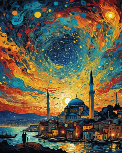 hagia sofia,istanbul,istanbul city,psychedelic art,starry night,sultanahmet,blue mosque,grand bazaar,vincent van gough,ayasofya,art painting,vincent van gogh,oil painting on canvas,galata,constantinople,bosphorus,space art,the night sky,eminonu,astronomy,Illustration,Realistic Fantasy,Realistic Fantasy 39