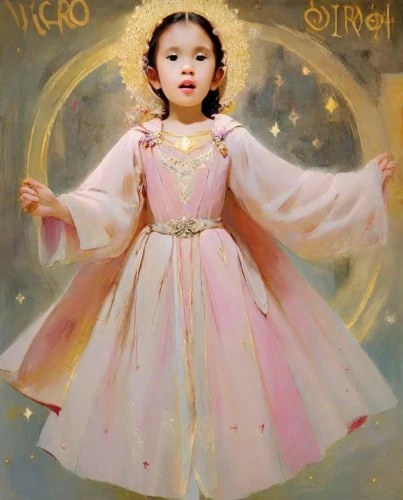 virgo,mystical portrait of a girl,little girl in pink dress,child portrait,child fairy,oil painting on canvas,angel moroni,baroque angel,oil painting,oil on canvas,little girl fairy,the angel with the veronica veil,miño,angel,ballerina girl,kyi-leo,ao dai,blessing of children,little girl twirling,little girl in wind