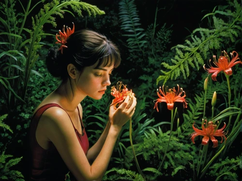 tiger lily,flower painting,girl in flowers,girl picking flowers,western red lily,splendor of flowers,lilies,lillies,flower nectar,red spider lily,fireflies,day lily plants,girl in the garden,garden cosmos,grass lily,day lily,flame lily,lilies of the valley,han thom,amaryllis,Illustration,Realistic Fantasy,Realistic Fantasy 32