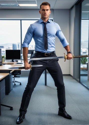 office ruler,blur office background,white-collar worker,office worker,standing man,standing desk,office chair,accountant,equal-arm balance,fighting stance,male poses for drawing,squat position,eskrima,ceo,angry man,black businessman,business training,stapler,ball-peen hammer,blue-collar worker