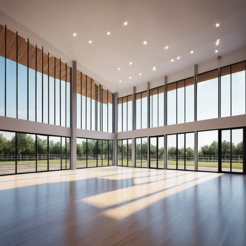 daylighting,hardwood,glass wall,hardwood floors,field house,3d rendering,wood flooring,window film,conference room,glass facade,wooden windows,indoor games and sports,laminate flooring,basketball court,fitness room,laminated wood,interior modern design,empty hall,structural glass,wood floor,Photography,General,Realistic