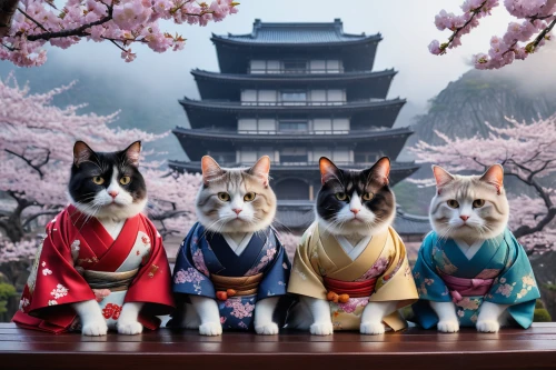 cat family,kawaii animals,japanese bobtail,auspicious,cat supply,cat kawaii,japanese culture,cat lovers,rain cats and dogs,cat image,japanese kawaii,felines,cute animals,lucky cat,spring in japan,chinese pastoral cat,cats on brick wall,cherry blossom festival,kimonos,vintage cats,Photography,General,Natural