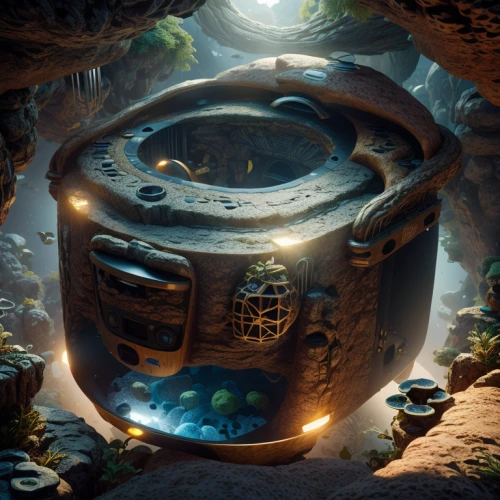 treasure chest,music box,pirate treasure,watchmaker,wishing well,nautilus,deep sea nautilus,clockmaker,capsule,chronometer,terrarium,storage-jar,time spiral,artifact,little planet,treasure house,nest workshop,lantern,fantasy art,magical pot