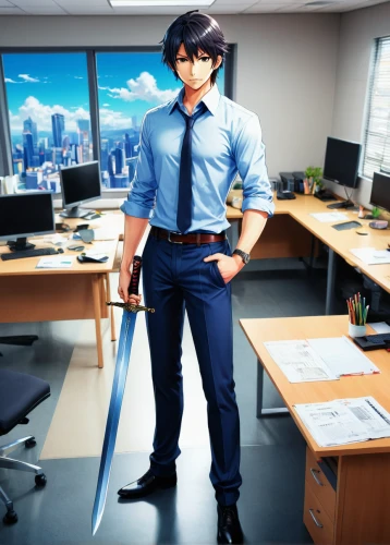 office ruler,blur office background,office worker,white-collar worker,blue-collar worker,office desk,anime 3d,desk top,accountant,kotobukiya,3d man,male poses for drawing,ceo,office chair,night administrator,jin deui,archer,male character,in a working environment,office,Illustration,Japanese style,Japanese Style 03