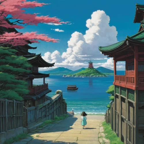 studio ghibli,tsukemono,japan landscape,honzen-ryōri,seaside country,seaside resort,beach landscape,torii,shirakami-sanchi,japanese background,beach scenery,fishing village,mountain beach,travel poster,landscape background,sea-shore,honolulu,japanese waves,淡島神社,cartoon video game background,Illustration,Japanese style,Japanese Style 14