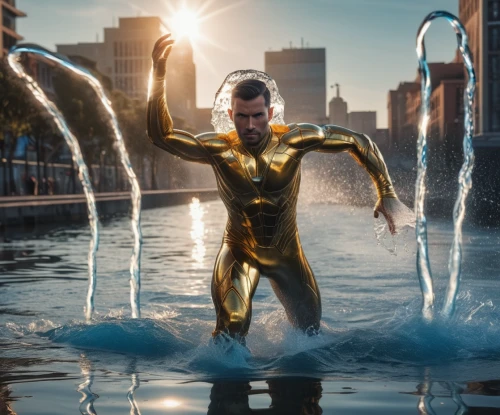 aquaman,golden rain,the man in the water,electro,ironman,god of the sea,photoshoot with water,yellow-gold,gold wall,sea god,usain bolt,cosplay image,fountain of neptune,the suit,digital compositing,sea man,merman,neptune fountain,iron man,spider the golden silk,Photography,General,Realistic