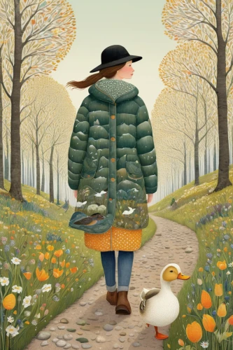 daffodil field,autumn walk,flower and bird illustration,daffodils,pilgrim,woman walking,girl with bread-and-butter,tommie crocus,stroll,early spring,springtime background,jonquils,girl picking flowers,springtime,tulip festival,walk,walk with the children,girl walking away,duckling,carol colman,Illustration,American Style,American Style 03