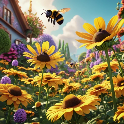 bee farm,honey bee home,bumblebees,pollinate,flower background,bee colony,bee,sunflowers and locusts are together,butterfly background,pollinator,bees,bee house,cartoon video game background,wild bee,honeybees,rudbeckia,spring background,honey bees,bee pasture,children's background,Photography,General,Realistic