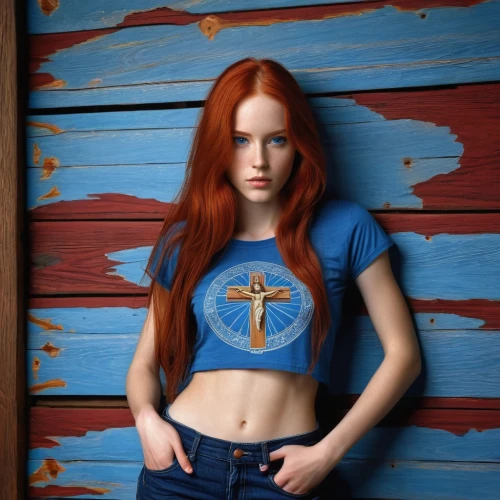 redheads,redhead,redhead doll,redhair,girl in t-shirt,jeans background,redheaded,bluejeans,denim background,red-haired,red head,blue jeans,red and blue,red hair,crucifix,tshirt,crosses,maci,celtic cross,ginger rodgers,Conceptual Art,Fantasy,Fantasy 04