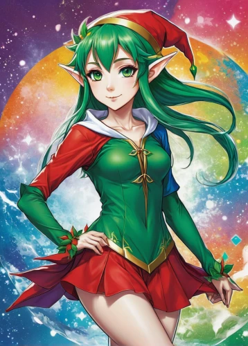 tiki,elf,christmas banner,elves flight,fae,christmas elf,natal lily,green aurora,elves,aurora,christmas wallpaper,christmas background,red and green,christmas colors,fantasia,cassiopeia,fairy galaxy,christmasbackground,anahata,male elf,Illustration,Japanese style,Japanese Style 04