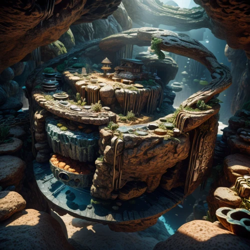 underground lake,mountain spring,artificial island,floating islands,wishing well,mushroom landscape,cave on the water,mushroom island,fantasy landscape,ravine,3d fantasy,underwater oasis,sea caves,ancient city,labyrinth,lagoon,pit cave,futuristic landscape,development concept,crescent spring