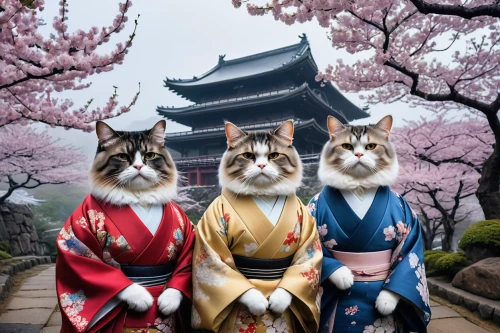 cat family,kawaii animals,cat kawaii,cat supply,japanese culture,japanese kawaii,cat lovers,vintage cats,felines,cat image,rain cats and dogs,cat warrior,auspicious,three friends,two cats,cherry blossom festival,kimonos,cats,round kawaii animals,the cherry blossoms,Photography,General,Natural